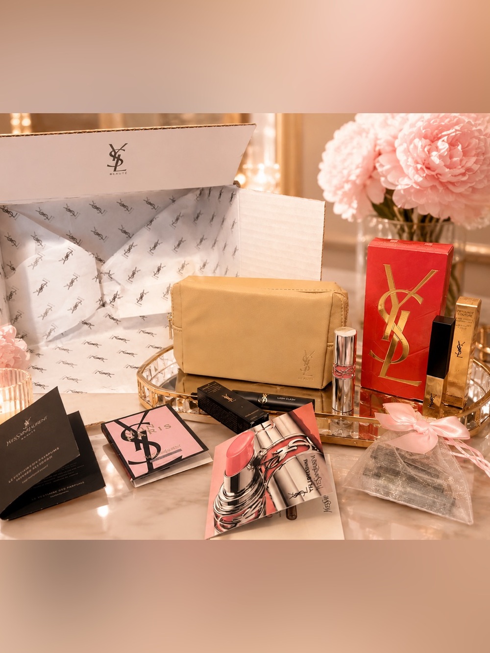 Yves Saint Laurent Beaute Beige Cosmetic Pouch and Full Size Lipstick Bundle